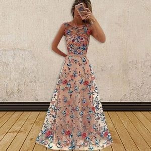Women's Flower Embroidery Mesh Evening Party Prom Cocktail Maxi Dress